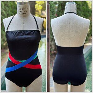 Vintage 1970s/80s Women’s Black Swimsuit, Beach Party Size XS, One Piece Halter